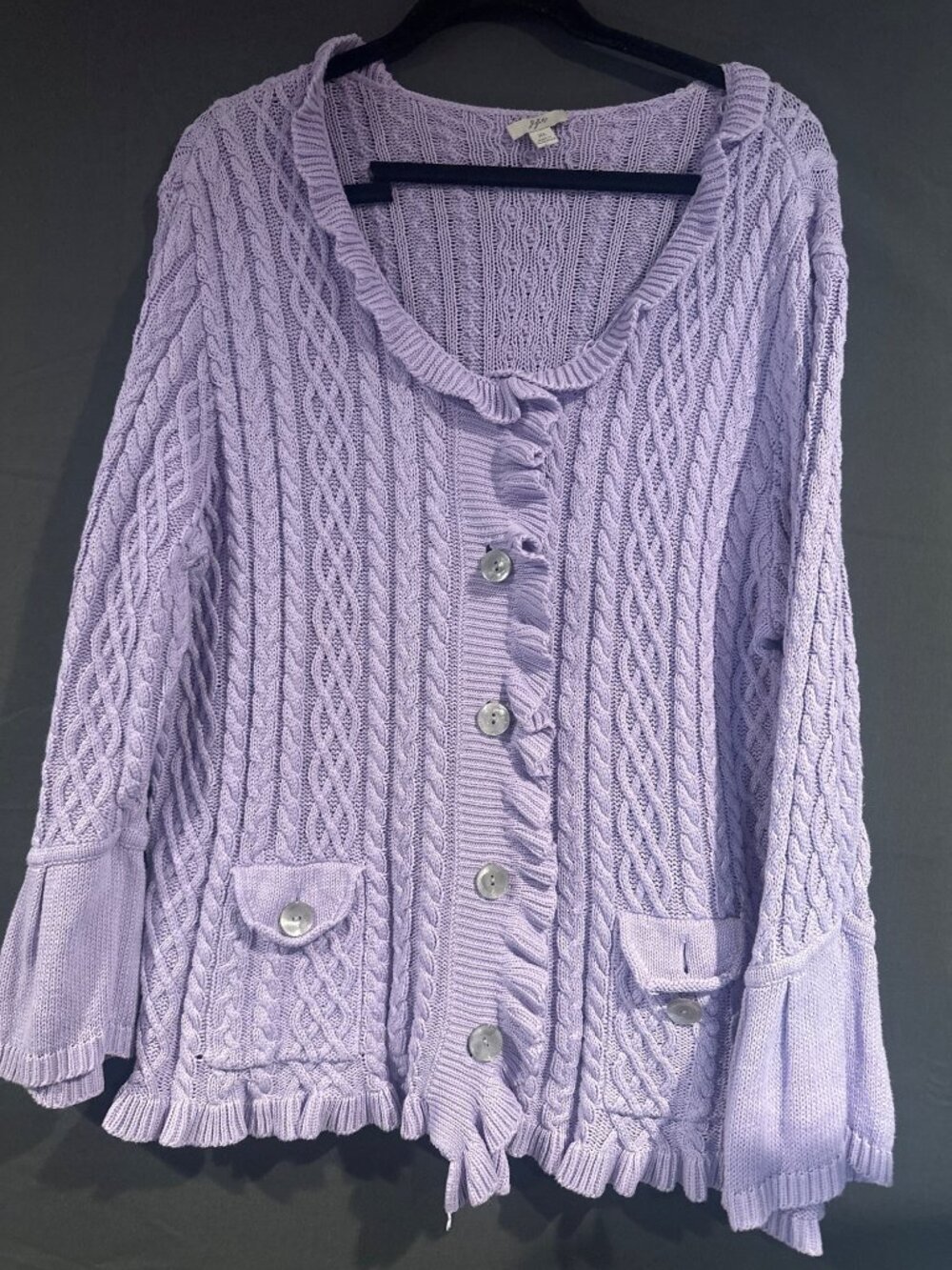 J Jill Womens XL Lavender 100% Cotton Cable Knit Cardigan Ruffle Bell Sleeve